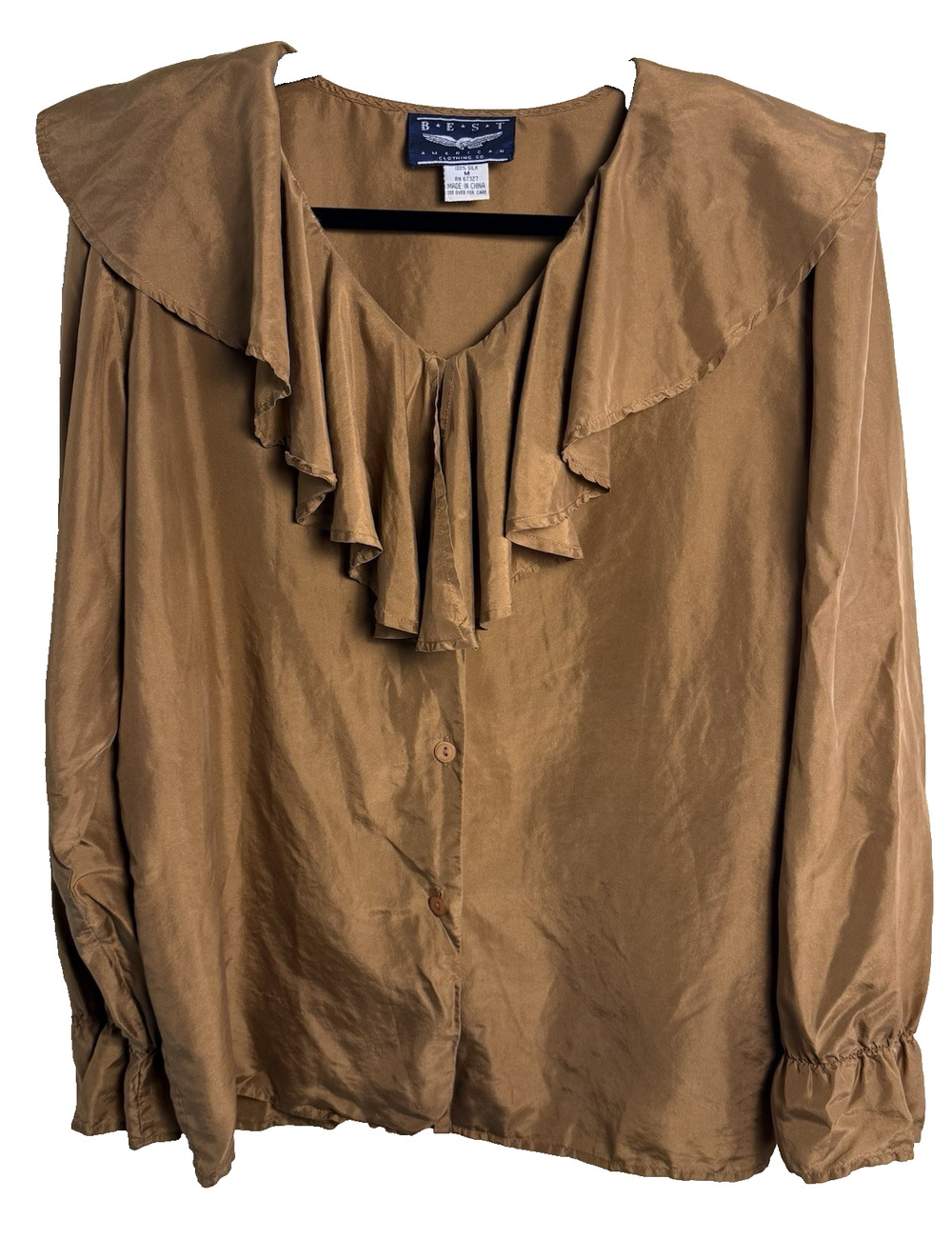Vtg Best America Silk Blouse Ruffled Collar Medium Caramel Cottagecore Academia